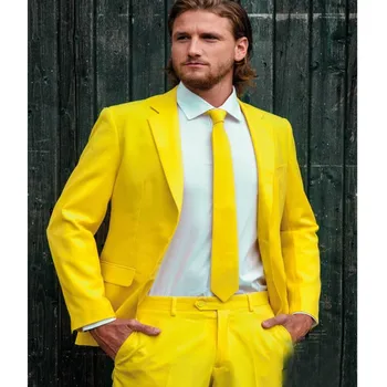 Pagal užsakymą Pagaminti Mados Jaunikis Tuxedos Geltona Vieną Mygtuką Žingsniu Atvartas Vyrų Kostiumai Vyrų Verslo Atsitiktinis vientisos Spalvos(Striukė+Kelnės+kaklaraištis)