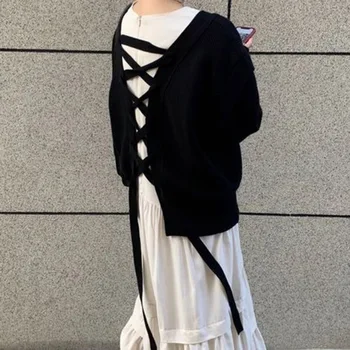 Elegantiškos Visas rungtynes, Megztinis Su Nugaros Nėrinių Mezgimo Megztinis Korėja Prarasti V-kaklo Dizaino Single-breasted Puloveris Japonų Stiliaus Moteris Viršuje