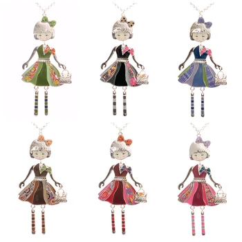 1pc antikvariniai Lašas glazūra Emalio gražus suknelė rankinėje cute little girl lėlės pakabukas ilgos grandinės karoliai moterims