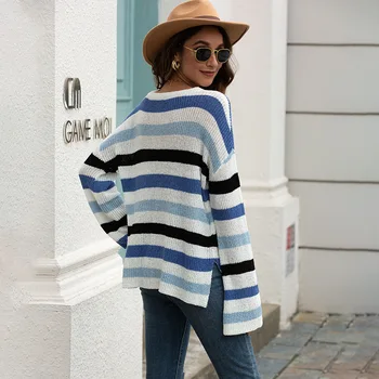 2020 m. Rudens ir Žiemos Naujus Produktus Džemperis Moterims, Europos ir Amerikos Moterų Megztinis Trimitas Rankovėmis Dryžuotas Megztinis