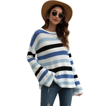 2020 m. Rudens ir Žiemos Naujus Produktus Džemperis Moterims, Europos ir Amerikos Moterų Megztinis Trimitas Rankovėmis Dryžuotas Megztinis