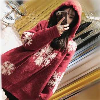 2019 Žiemos Atsitiktinis Fshion Kalėdų Džemperis Moterims Snaigės Modelio Raudonos Spalvos Megztinių Su Gobtuvu Hoodies Jauna Mergina
