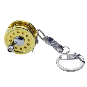 Naujovė Aliuminio Lydinio Skristi Žvejybos Ritės Keychain Miniatiūriniai Paketų Prižiūrėtojų Raktinę Aukso Žvejybos Įrankiai, Mini Žvejybos Ritės Keychain