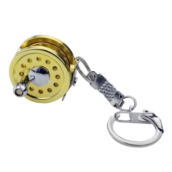 Naujovė Aliuminio Lydinio Skristi Žvejybos Ritės Keychain Miniatiūriniai Paketų Prižiūrėtojų Raktinę Aukso Žvejybos Įrankiai, Mini Žvejybos Ritės Keychain