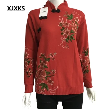 XJXKS Žiemos Džemperis Moterims Prekės ženklo Dizainas Elegantiškas ilgomis rankovėmis Prarasti Spausdinti Megztinis Megztas Puloveriai Viršūnes Plius Dydžio Naujas Megztinis
