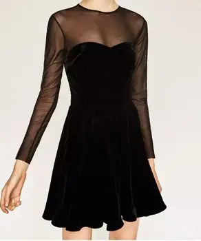 2017 Naujas Saldus Mielas Trumpas Juodas Aksomas Stebėjimo Mini Suknelė Su Siūlėmis Krūtinės Išsamiai Ir Užtrauktuku