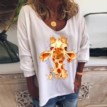 CHAMSGEND 2020 m. Pavasarį, Rudenį Moterų T Marškinėliai Atsitiktinis ilgomis Rankovėmis Žirafa Spausdinti Marškinėliai Topai Puloveriai Plius Dydis Moterų Tees F714