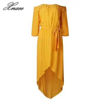 Boho stiliaus moteris Off peties Pusė rankovėmis beach vasaros Aukšto Juosmens Raukiniai suknelės Medvilnės Geltona Suderinta suknelė