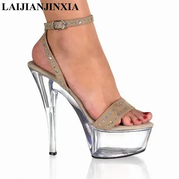 Naujas 2017 batai naktinis klubas vandeniui platforma 15cm aukštos obcasie sandalai Seksualus sidabrinės vestuvės Šokių Bateliai