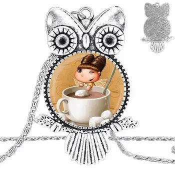EJ Glazūra Cute Girl Valgyti Pusryčius Logotipas Stiklo Pakabukas Galaxy Pakabukas Karoliai Moterys, Sidabrą, Kaklo Papuošalai Mergaitėms Dovanų