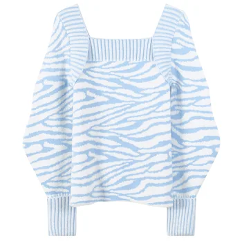 2020 m. pavasarį, rudenį moterys dizaineris mėlyna balta dryžuotas aikštėje apykaklė megzti megztiniai prarasti visas rungtynes ilgomis rankovėmis pulover viršuje JC454
