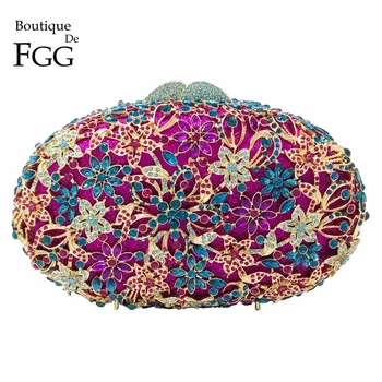 Boutique De FGG Prabanga Purpurinis Deimantas Gėlių Moterų Kristalų Vakarą Maišus Vestuves Mianudiere Sankabos Rankinės ir Piniginės