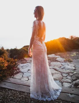 2019 Seksualus Vestuvių Suknelės su ilgomis Rankovėmis Bohemijos Nėrinių Vestuvinės Suknelės Atvira nugara Giliai V-Kaklo Paplūdimio Boho vestidos de novia Vasaros