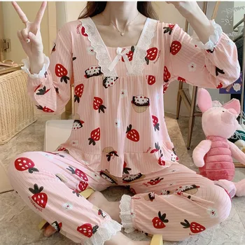 2020 m. Rudenį ilgomis Rankovėmis Spausdinti V-kaklo Pižama Rinkiniai Moterims Mielas Nėrinių Sleepwear Kostiumas Pižamos Homewear Pijama Mujer Namų Drabužiai