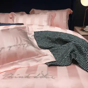 Namų tekstilės kietas rožinė gryno šilko satino patalynės komplektas Karalius ir karalienė dydžio lova nustatyti antklode padengti lakštai butas lapas lova princesė stilius