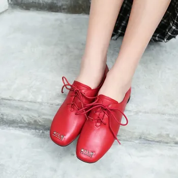 MLJUESE 2019 moterys butai Karvės odos, Metalo apdaila raudonos spalvos nėrinių butai, batai pavasario rudens laisvalaikio bateliai šalis dydis 34-41