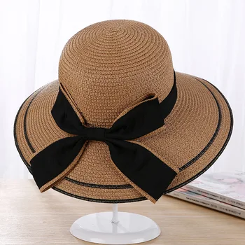 Vasaros naują stiliaus didelis pastoge bowknot laukinių saulės skrybėlę ponios pajūrio paplūdimio anti-UV šiaudų skrybėlę banga