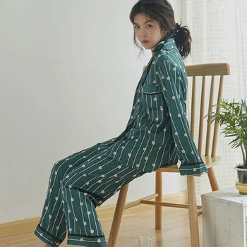2020 Satino Pižama Moterims Mielas Dryžuotas Gėlės ilgomis Rankovėmis Šilko Sleepwear Pijama Mujer Pižamos Moteris Naktį Tiktų Namų Drabužiai