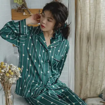 2020 Satino Pižama Moterims Mielas Dryžuotas Gėlės ilgomis Rankovėmis Šilko Sleepwear Pijama Mujer Pižamos Moteris Naktį Tiktų Namų Drabužiai