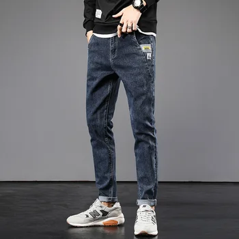 Korėjos Stiliaus Mados, Vyrų Džinsai Vintage Retro Mėlyna Elastinga Slim Fit Atsitiktinis Medvilnės Džinsinio Audinio Kelnės Streetwear Jaunimo Pieštuku Kelnės