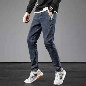 Korėjos Stiliaus Mados, Vyrų Džinsai Vintage Retro Mėlyna Elastinga Slim Fit Atsitiktinis Medvilnės Džinsinio Audinio Kelnės Streetwear Jaunimo Pieštuku Kelnės