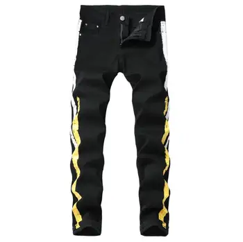 2021 Vyrų spalvota juostele spausdinti juodas ruožas džinsai Slim fit plus didelis dydis dažytos Džinsinio audinio kelnės Atsitiktinis Žmogus kelnės W1646