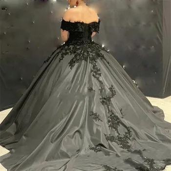Gothic Black Appliques Vestuvių Suknelės nuo Peties Kamuolys Suknelė trumpomis Rankovėmis Duobute Nėrinių Korsetas Atgal Vestidos de Novia
