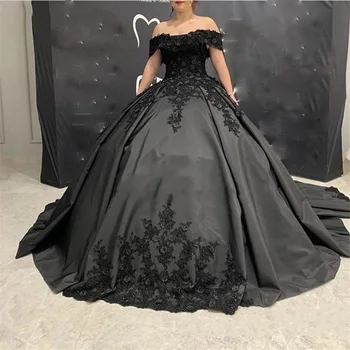 Gothic Black Appliques Vestuvių Suknelės nuo Peties Kamuolys Suknelė trumpomis Rankovėmis Duobute Nėrinių Korsetas Atgal Vestidos de Novia