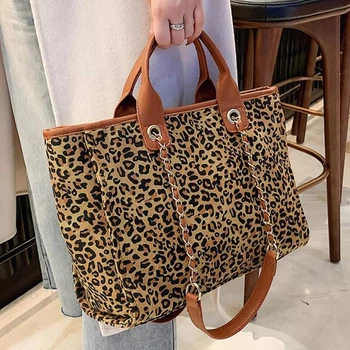 Seksualus Leopard Large Tote maišą 2020 Nauji Aukštos kokybės Drobė Moterų Dizaineris Rankinės Didelės talpos Grandinės Petį Krepšys