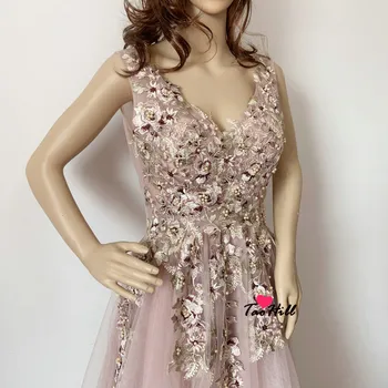 TaoHill Nekilnojamojo Padarė 2019 Lady Vestuvių Svečių Suknelė Gėlių Aplikacijos Karoliukai ir Perlai Pupelių Pasta Rožinė Ilga Bridesmaid Suknelę