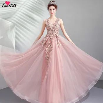 TaoHill Nekilnojamojo Padarė 2019 Lady Vestuvių Svečių Suknelė Gėlių Aplikacijos Karoliukai ir Perlai Pupelių Pasta Rožinė Ilga Bridesmaid Suknelę