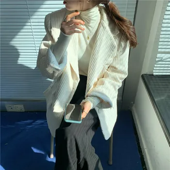 2020 metų Moteris Rudenį Smėlio spalvos Švarkas Paltai Striukės Coduroy Įpjovomis Apykaklės Vieną Krūtinėmis Kostiumai su Kišenėmis vientisos Spalvos