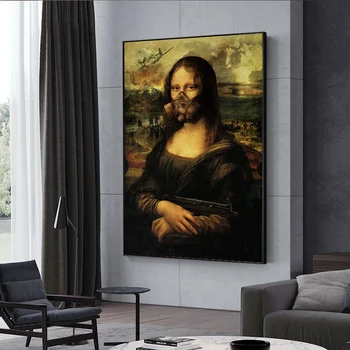 Juokinga Meno Mona Lisa Turėti Ginklą Kare Sienos Menas Nuotraukas Drobės, Paveikslai, Menas, Plakatų ir Spausdina Kambarį Dekoro