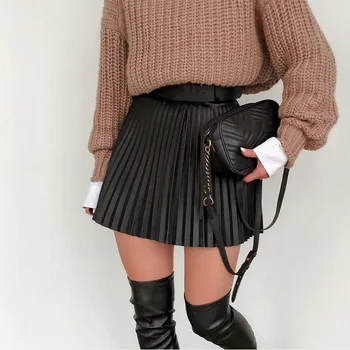 Rudenį Juodas Klostuotas Moterų Mini Sijonai Elastinga Juosmens Užtrauktukas-Line Moterų Sijonas Naujas Kietas Streetwear Paprastas Atsitiktinis Lady Apačioje