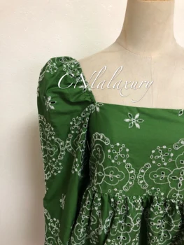 Ponios sexy Mini suknelė Gėlių Siuvinėjimas Sluoksniuotos Rankovėmis Shirtdress Aikštėje Apykaklės Elegantiškas-line Žalios suknelės Moterims vestidos
