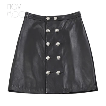 Novmoop Europoje laisvalaikio stiliaus moterų pavasario black-line aukštos juosmens, avikailio natūralios odos sijonas su mygtuką dekoro falda LT2993