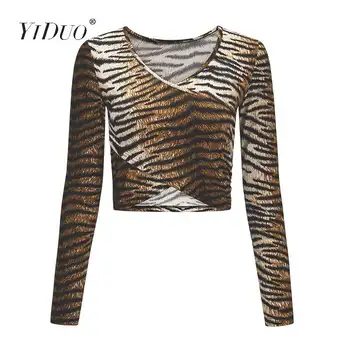 YiDuo Pavasarį, Rudenį Seksualus Kryžiaus Mazgas Pasėlių Top Ilgomis Rankovėmis Gyvatė Spausdinti Viršūnes Streetwear Moterų Atsitiktinis Leopard Marškinėliai Camiseta Mujer