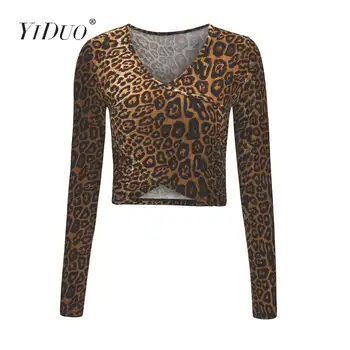 YiDuo Pavasarį, Rudenį Seksualus Kryžiaus Mazgas Pasėlių Top Ilgomis Rankovėmis Gyvatė Spausdinti Viršūnes Streetwear Moterų Atsitiktinis Leopard Marškinėliai Camiseta Mujer