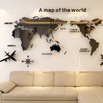 Pasaulio žemėlapyje Akrilo 3D kietų kristalų siena lipdukas miegamojo sienos su gyvenamasis kambarys klasėje lipdukai biuro dekoravimo idėjos