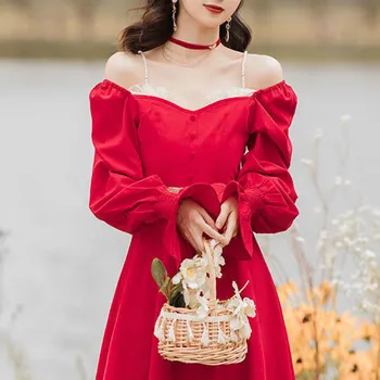 Prancūzijos Moterų Derliaus Šalis Nėrinių Suknelė Ilgomis Rankovėmis Aikštėje Apykaklės Elegantiška Raudona Suknelė Moterims Pasakų One-Piece Suknelė Korėjos 2020 M. Rudenį