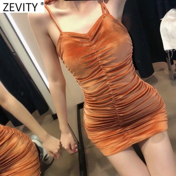 Zevity 2021 Naujų Moterims Seksualus Spageti Dirželis Plisuotos Aksomo Slim Mini Suknelė Ponios Atostogų Vėjo Paplūdimio Vestido Trumpos Suknelės DS4907