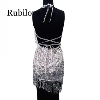 Rubilove 2019 Moterų Mini Šalis Suknelė Seksualus Backless Klubas Dėvėti Kutas Nėrinių Apynasrio Trumpas Auksas, Sidabras China Suknelė