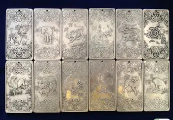 ( 12 vnt.) Parengti Senas Kinų Kinų Dvylika Zodiako Tibeto Sidabro Amuletas Laimingas Plokštės