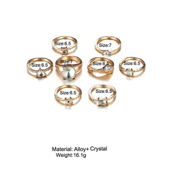 8Pcs/Set Fashion Gold Crystal Cirkonis Žiedas Nustatyti Paprastas kalnų krištolas Bendras Žiedai Moterims Vestuvių Nuotaka Šalis Atostogų Papuošalai