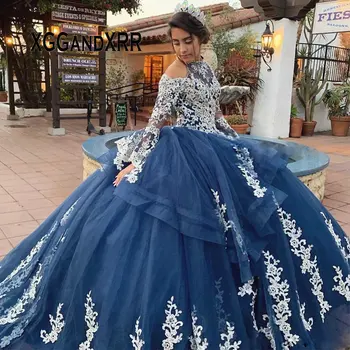 Prabanga Mėlyna Ilgomis Rankovėmis Apynasrio Quinceanera Suknelę 2020 Nėrinių Aplikacijos Kamuolys Suknelė Promenadzie Suknelė Saldus 15 16 Plus Size Užsakymą
