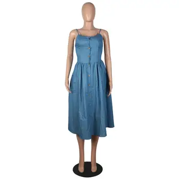 Europos naujų vientisos spalvos atsitiktinis džinsinio audinio suknelė vasaros mados U-kaklo, rankovių moterų suspender Vest Vidutinio Ilgio Sijonas