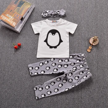 Pingvinas 3pcs/set Naujagimiui Mergina Drabužių Rinkiniai Kūdikiams Berniuko Drabužių Medvilnės marškinėliai+kelnės+Lankelis Vaikai Komplektai