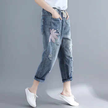 Naujas moterų ZIAJAĆ korėjos versija elastinga juosmens siuvinėjimo prarasti didelio dydžio plauti skylių džinsai moterų kelnės
