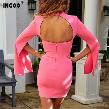 INGOO Pavasarį Šalies Ritininės Blyksnius ilgomis Rankovėmis Trumpą Suknelę Moteris Seksuali Klubas Elegantiškas Stovėti Kaklo Backless Tvarstis Bodyon Mini Suknelės