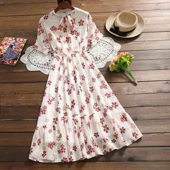 Mori Saldus Mergina Dress 2020 Naujas Vasaros Moterims Gėlių Spausdinti Ilgą Šifono Suknelę Moterų Trumpomis Rankovėmis Plisuotos Vestidos Korėjos Mados